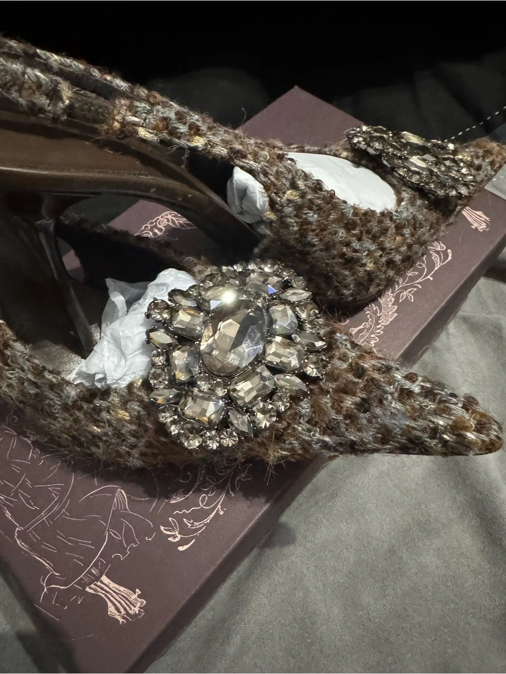 Jeffrey Campbell Brown Tweed Slingback Heel with Crystal Brooch